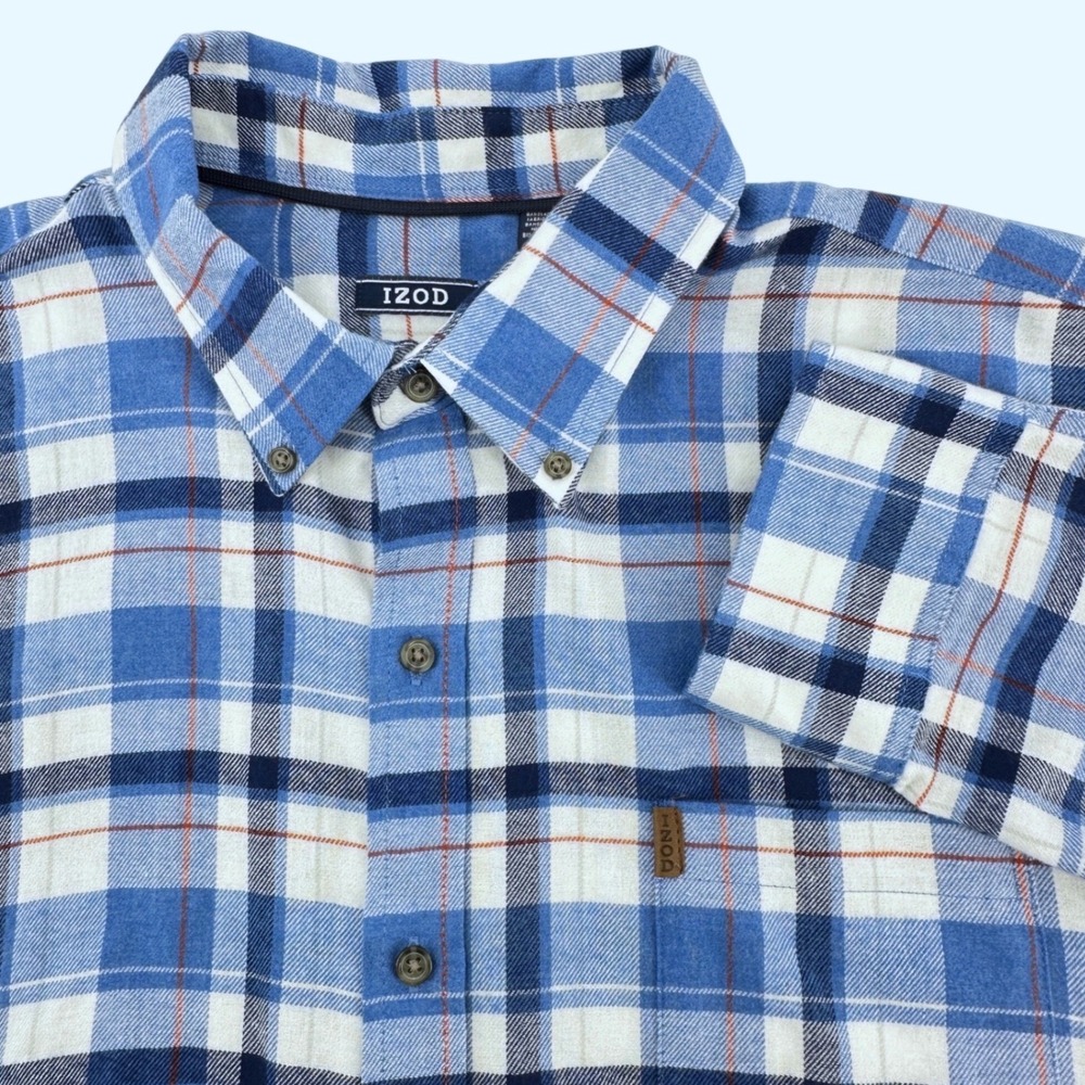 IZOD Flannel Shirt Mens XXL Blue White Plaid Excellent Long Sleeve 45GW586401